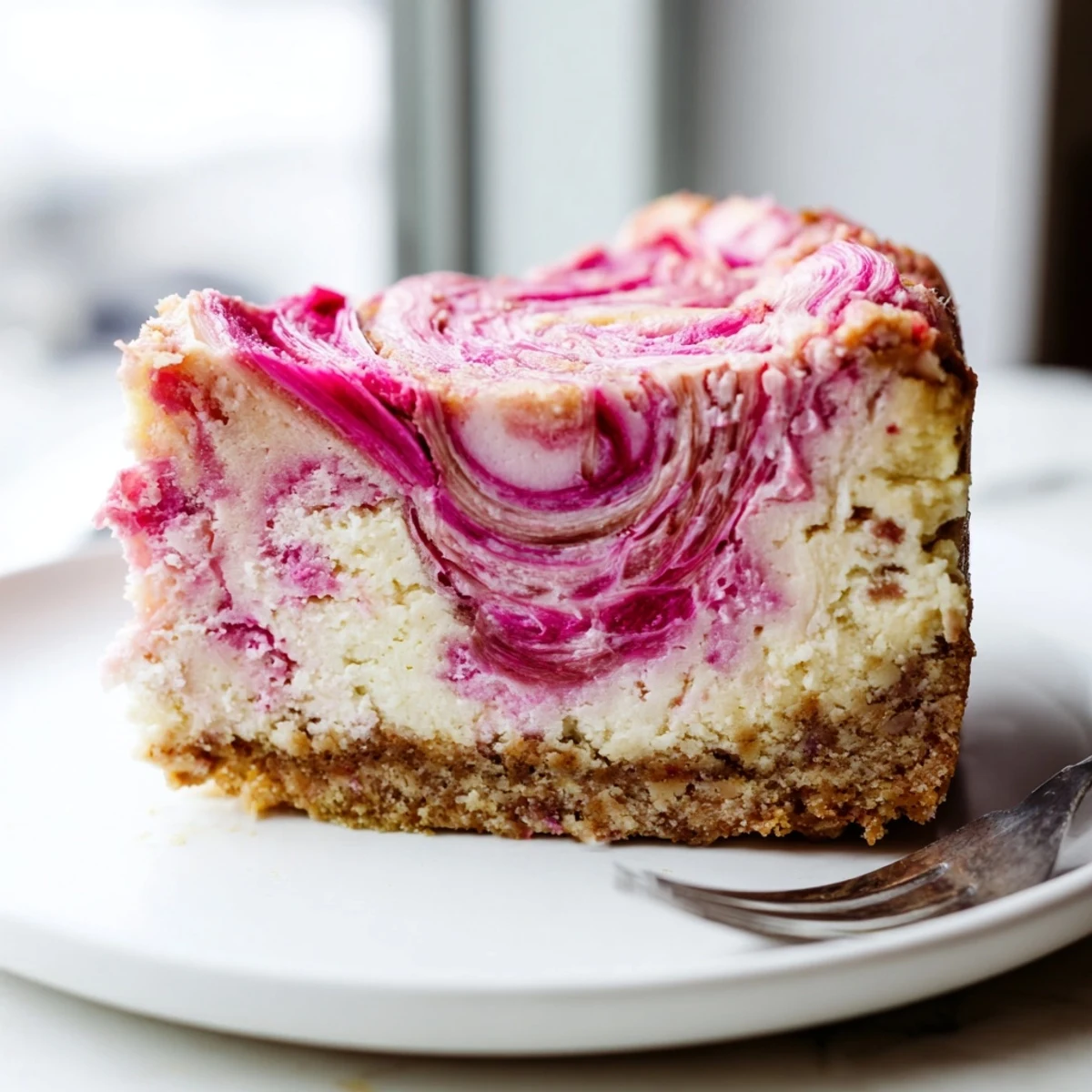Tangy rhubarb ribbons wind through a thick slice of keto rhubarb cheesecake