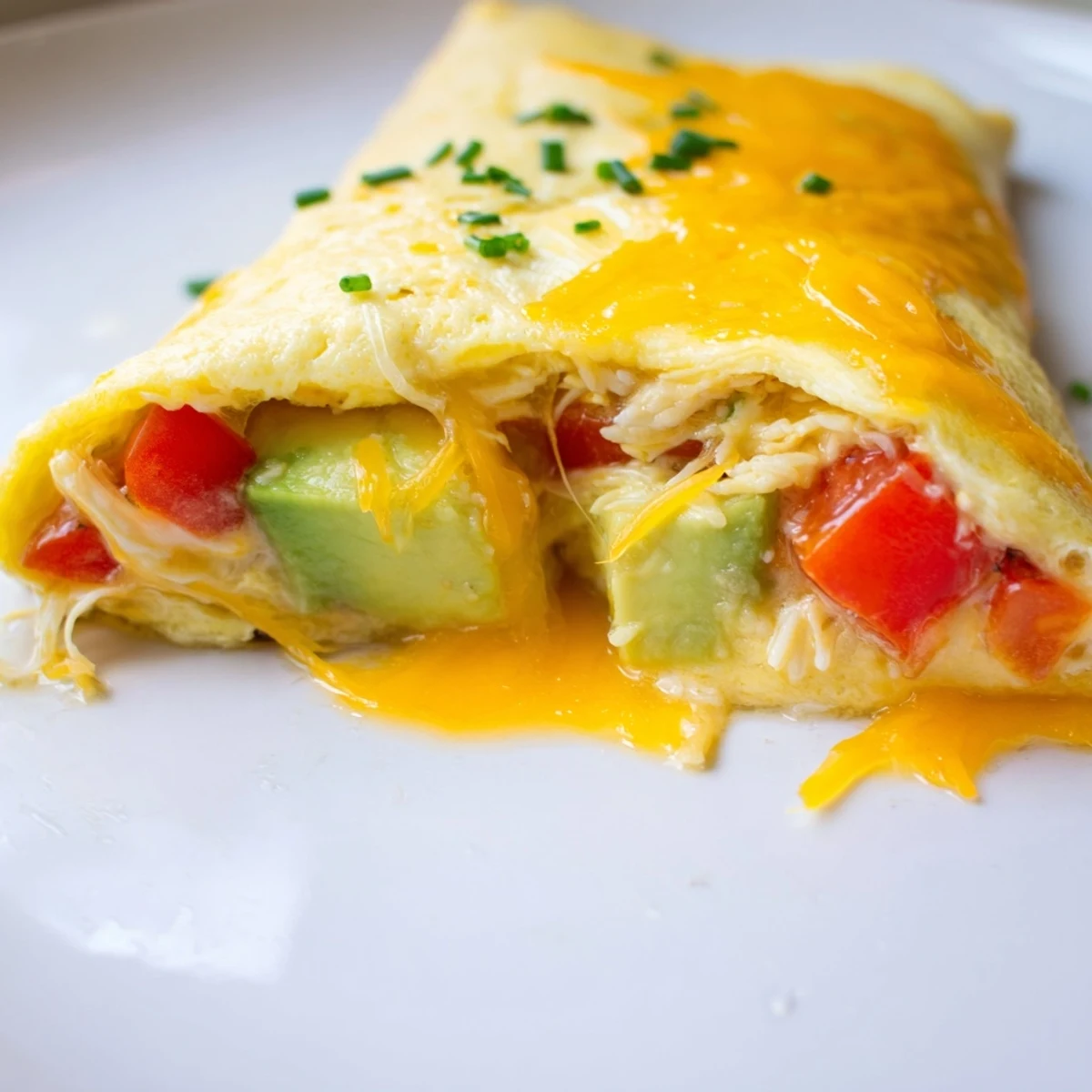 Golden creamy avocado cheesy tomato omelette folded over melted cheddar and fresh diced tomatoes
