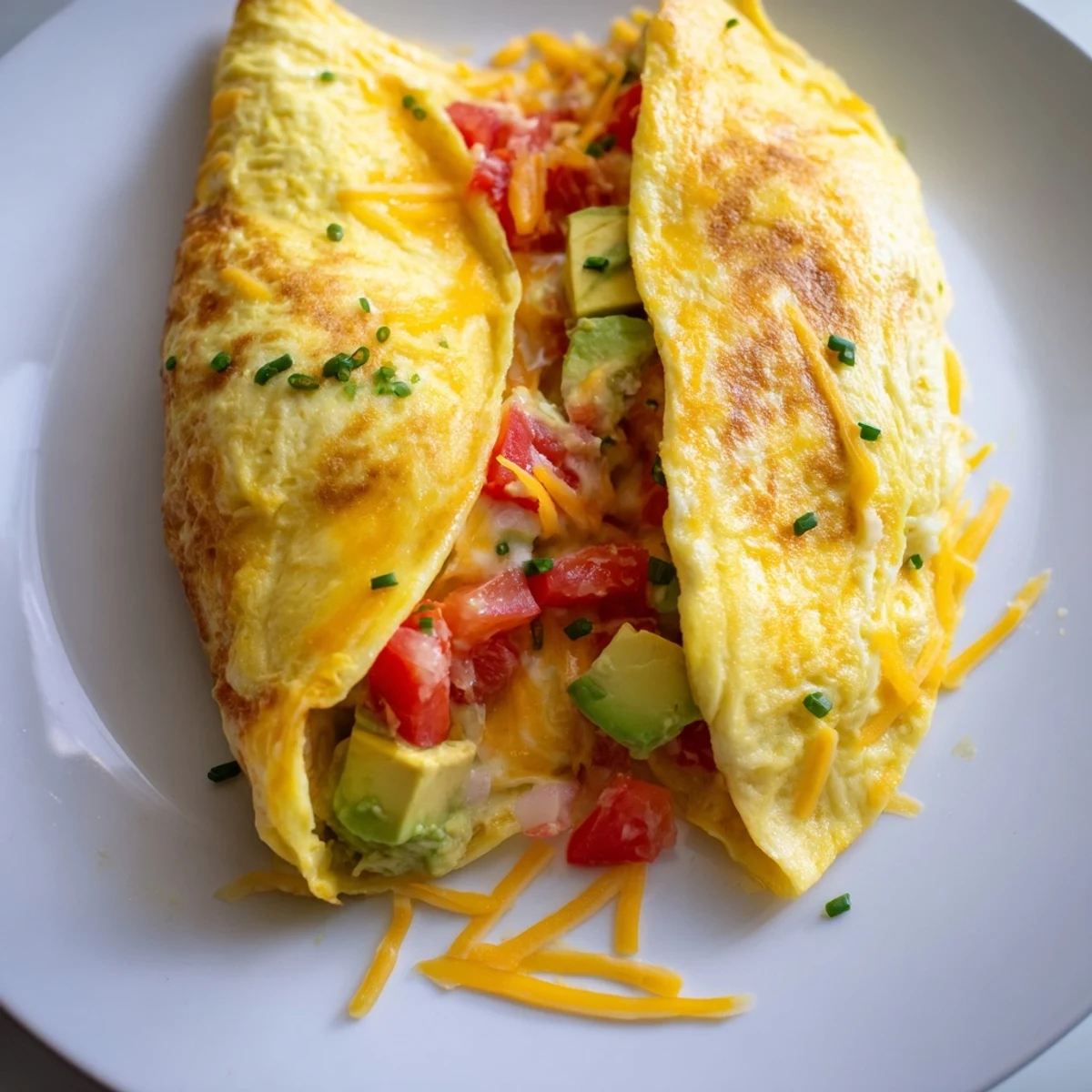 Creamy avocado cheesy tomato omelette served on a white plate with sliced chives garnish