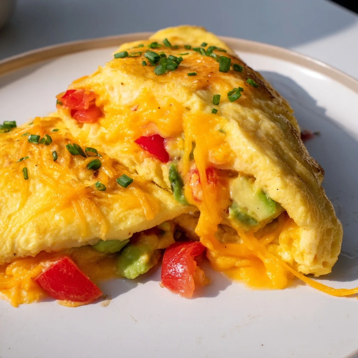 Steaming creamy avocado cheesy tomato omelette with gooey melted cheese and ripe avocado filling