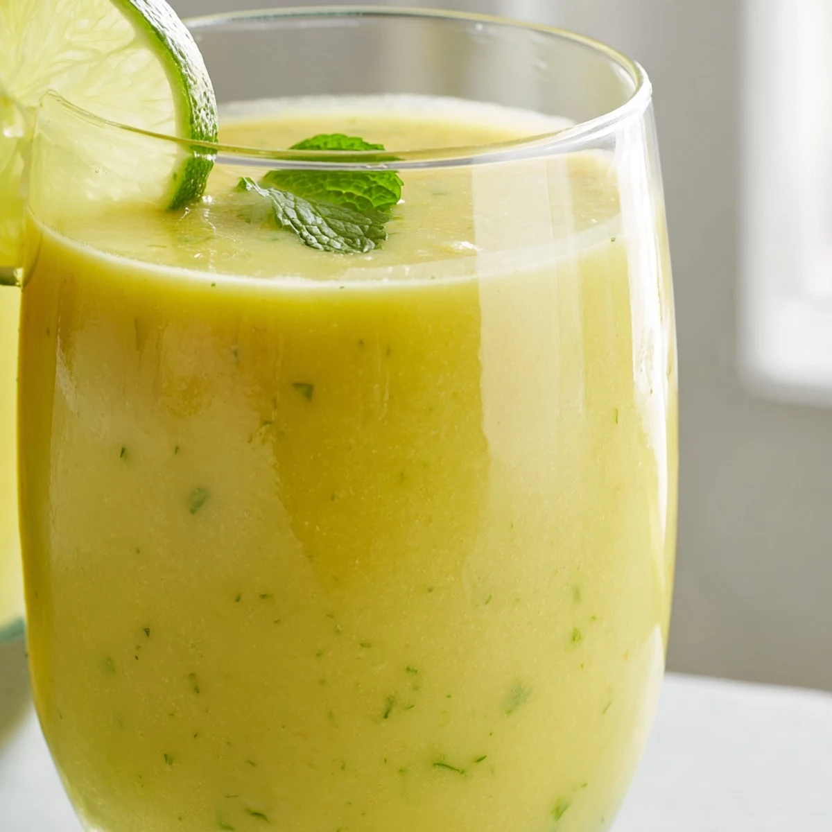 Vibrant yellow mango cucumber smoothie served chilled in two tall glasses