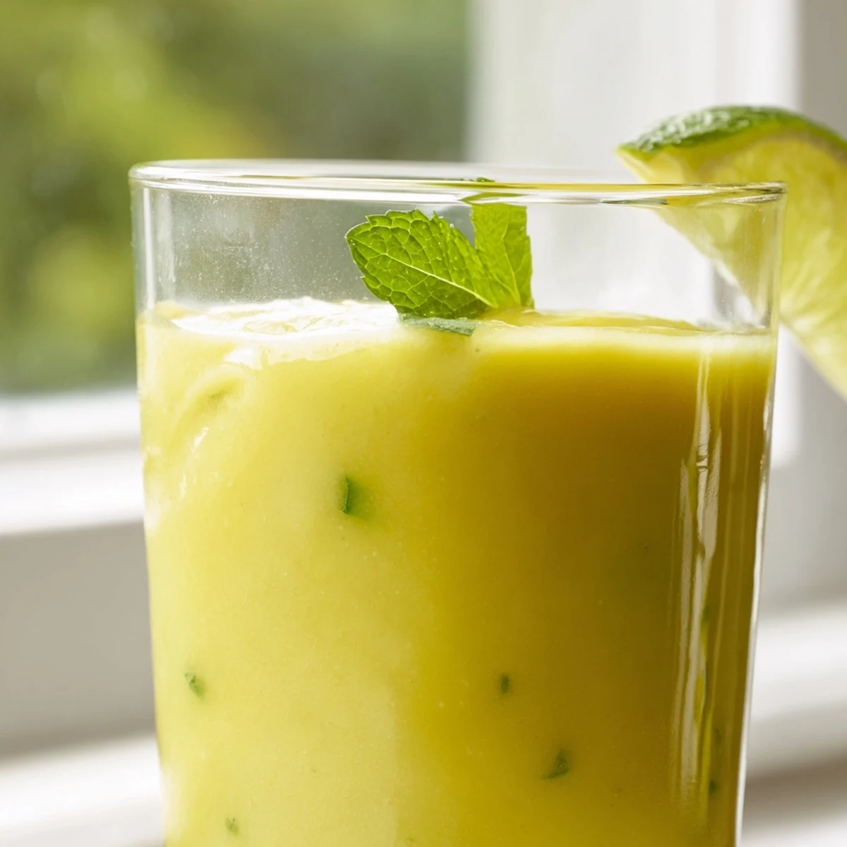 Creamy mango cucumber smoothie poured into a glass with fresh mint garnish