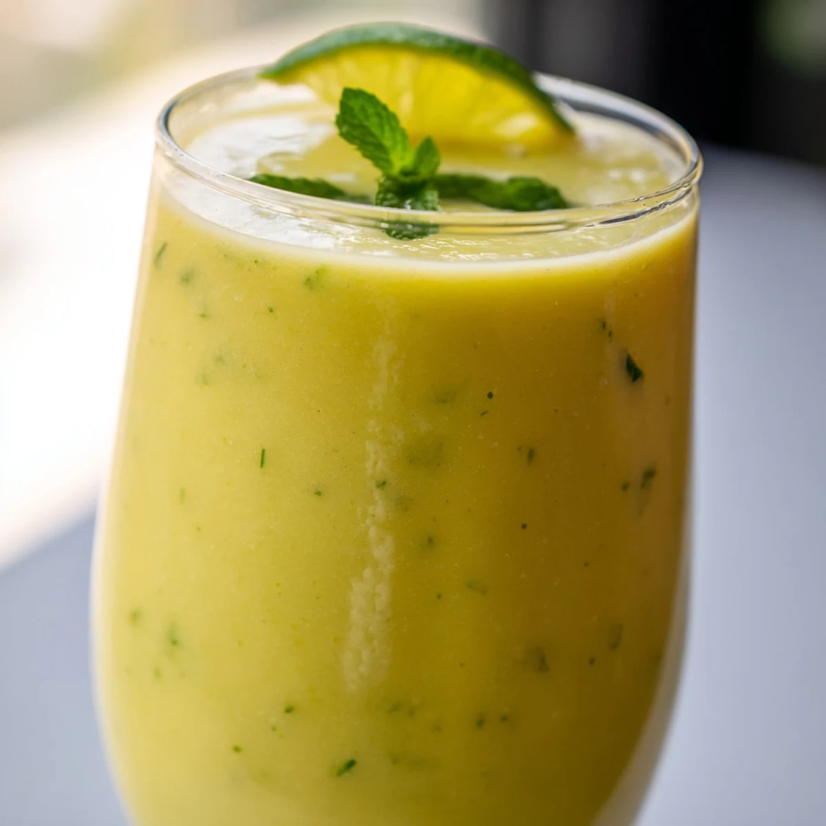 Tropical mango cucumber smoothie blended smooth and garnished with a lime wedge