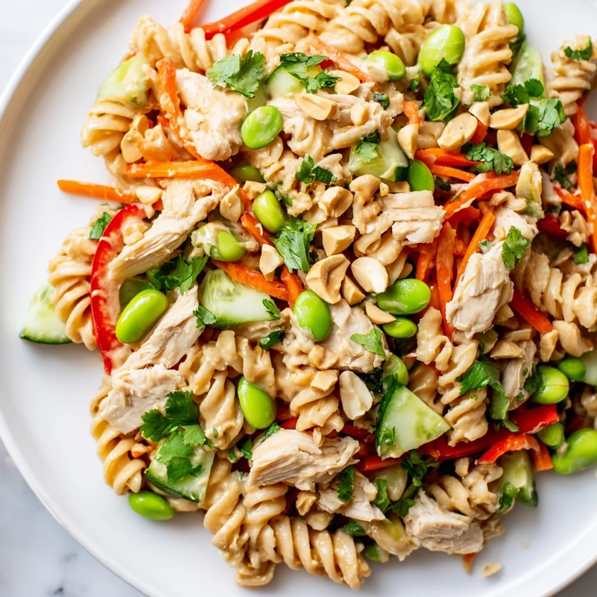 Vibrant protein packed Thai pasta salad topped with crushed peanuts and fresh lime wedges