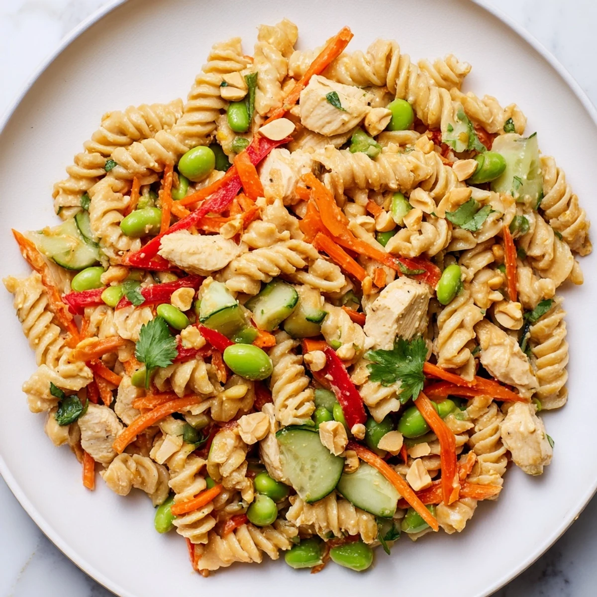 Colorful protein packed Thai pasta salad with chicken, edamame, and creamy peanut dressing