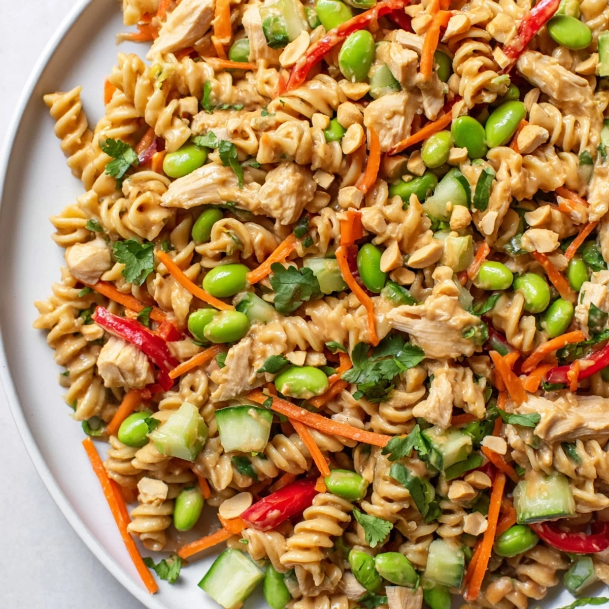 Hearty protein packed Thai pasta salad in a bowl with crisp vegetables and glossy peanut sauce