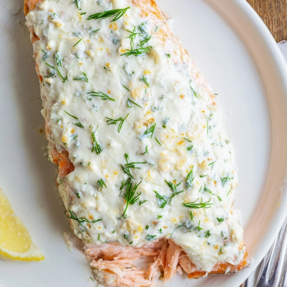 Creamy Boursin salmon baked golden with fresh herbs and bright lemon wedges
