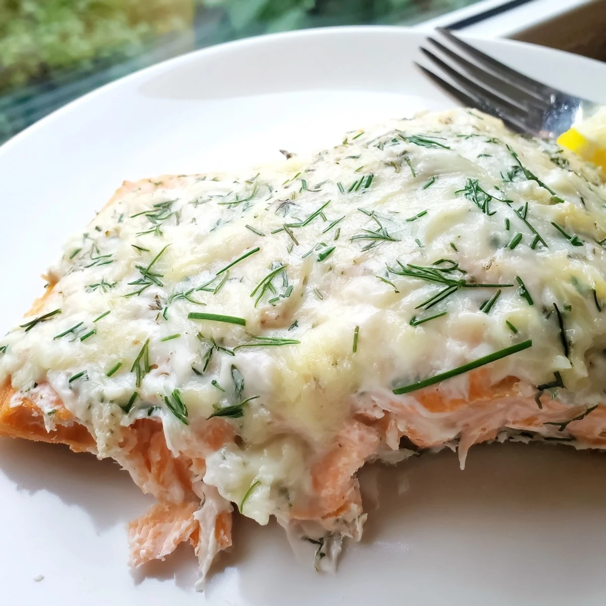 Perfectly flaked Boursin salmon fillet crowned with herbed cheese and fresh dill