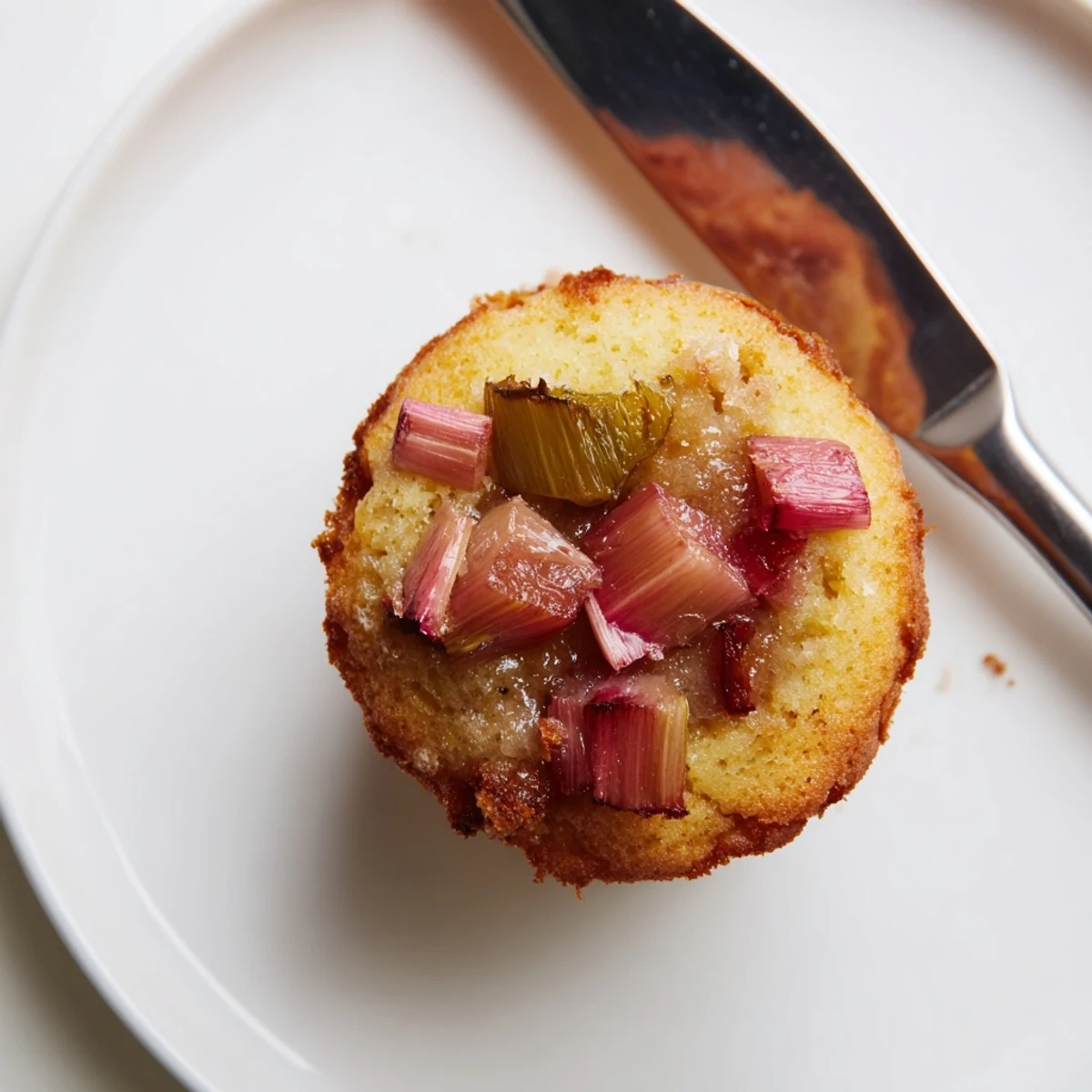 Golden upside down rhubarb muffins with caramelized fruit on a wire rack