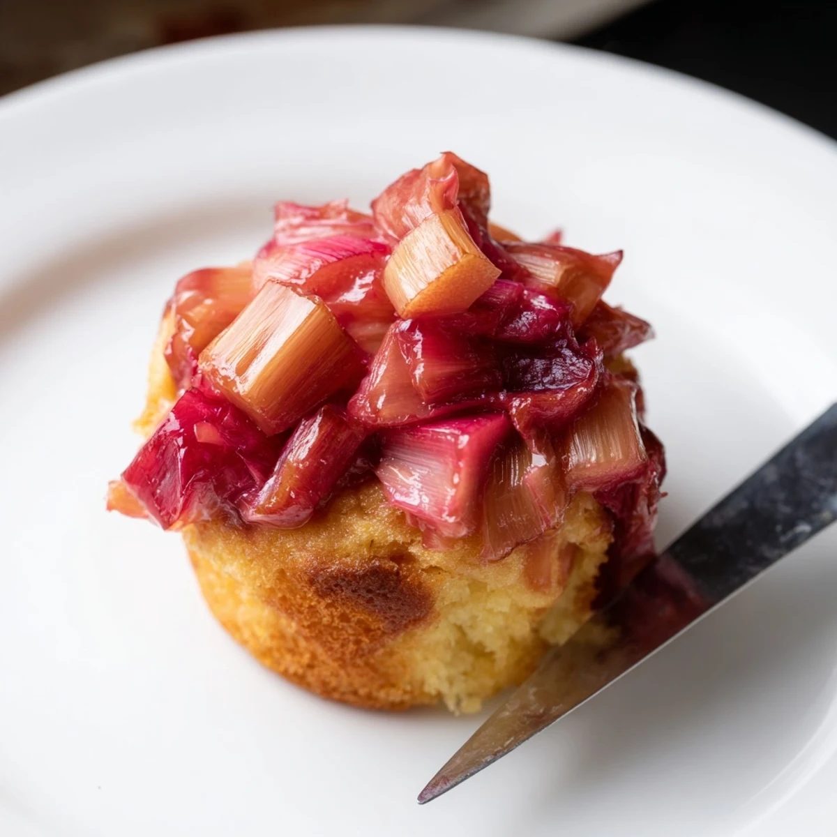 Warm upside down rhubarb muffins revealing glistening ruby fruit on rustic parchment