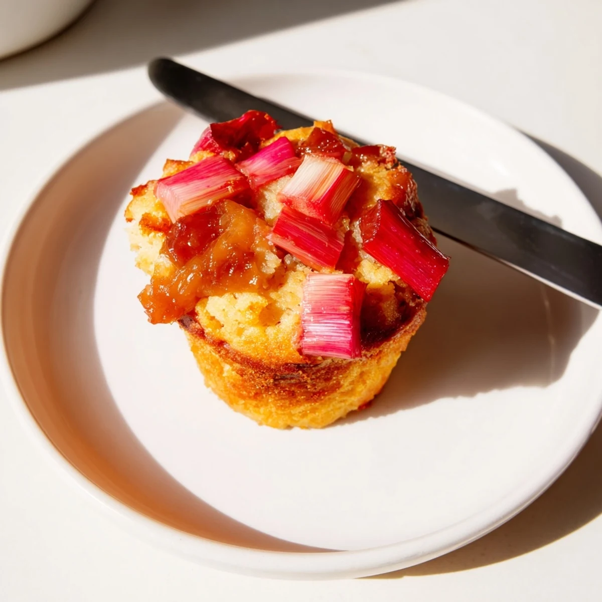 Tender upside down rhubarb muffins topped with buttery caramelized pink rhubarb pieces