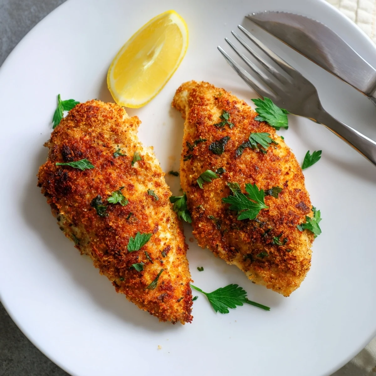 Juicy Paprika Parmesan Chicken garnished with fresh parsley and bright lemon wedges