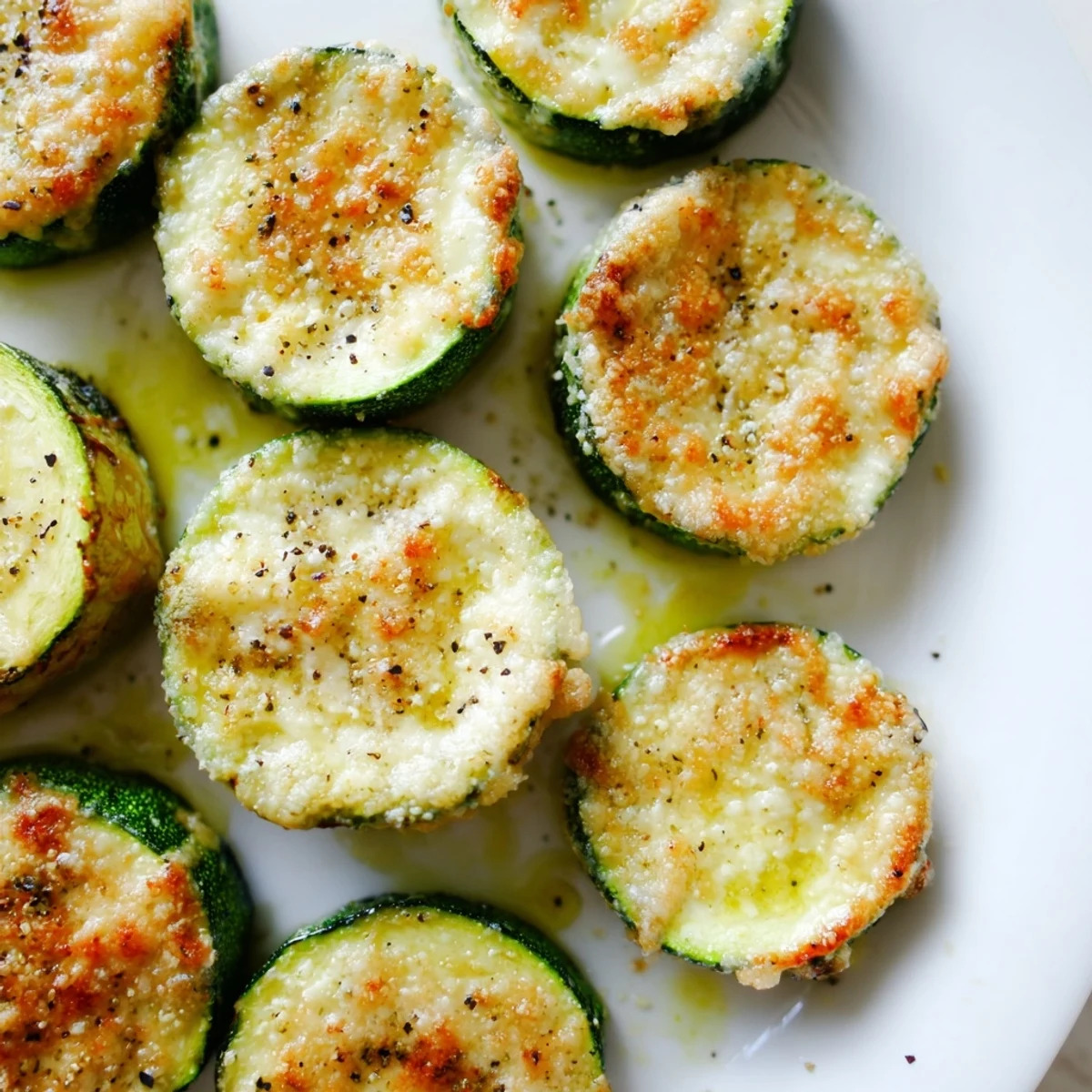 Golden Parmesan zucchini slices with zesty lemon and cracked pepper fresh from the oven.