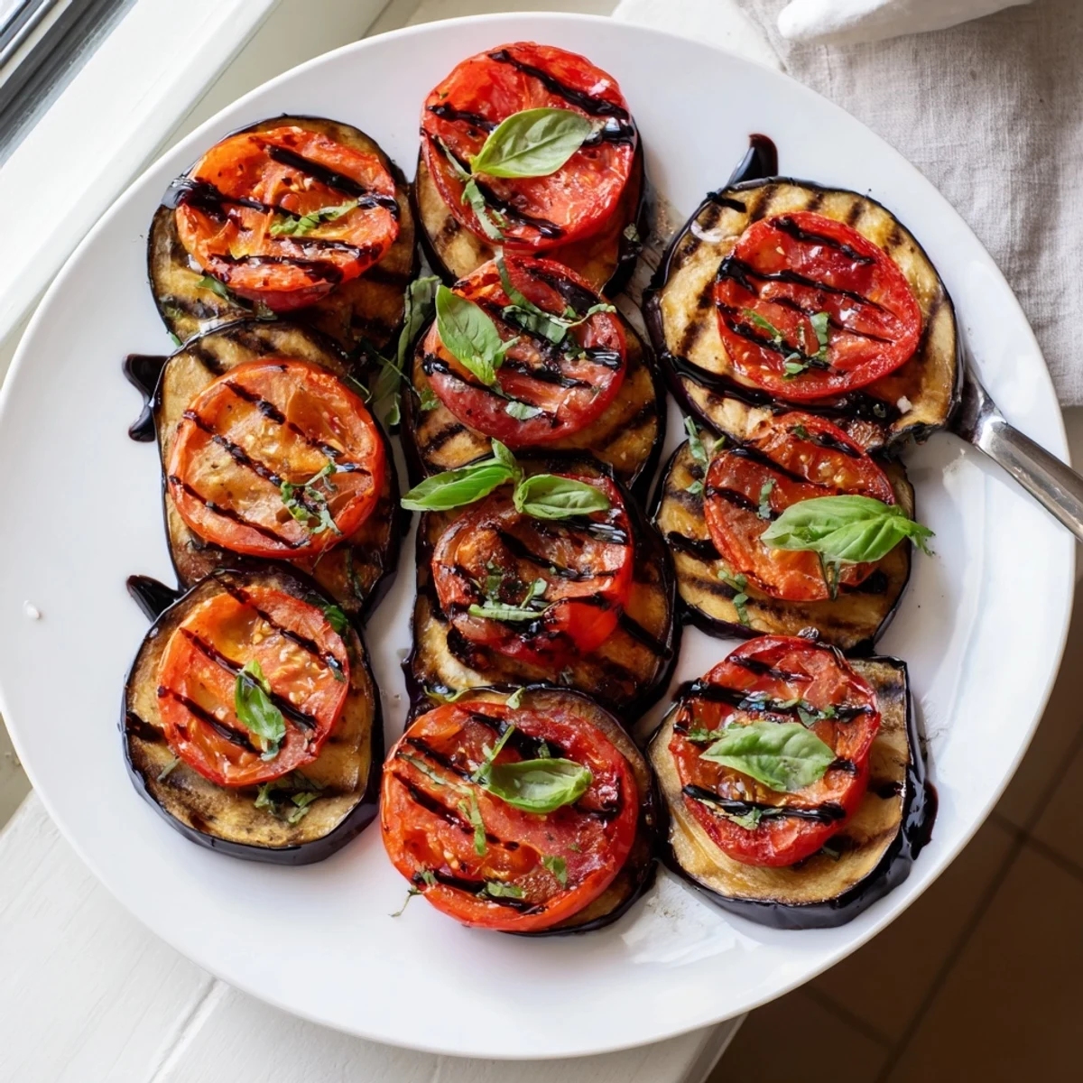 Smoky grilled tomato eggplant slices layered on a rustic serving platter