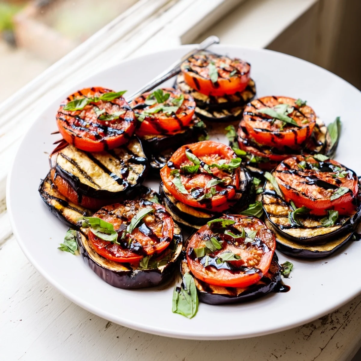 Tender grilled tomato eggplant drizzled with balsamic glaze and fresh basil