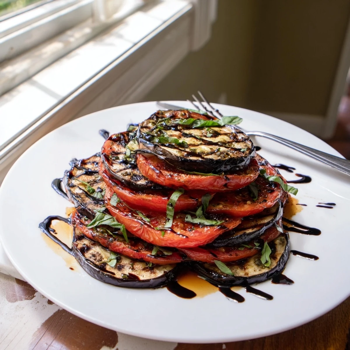 Charred grilled tomato eggplant rounds garnished with herbs on a white plate