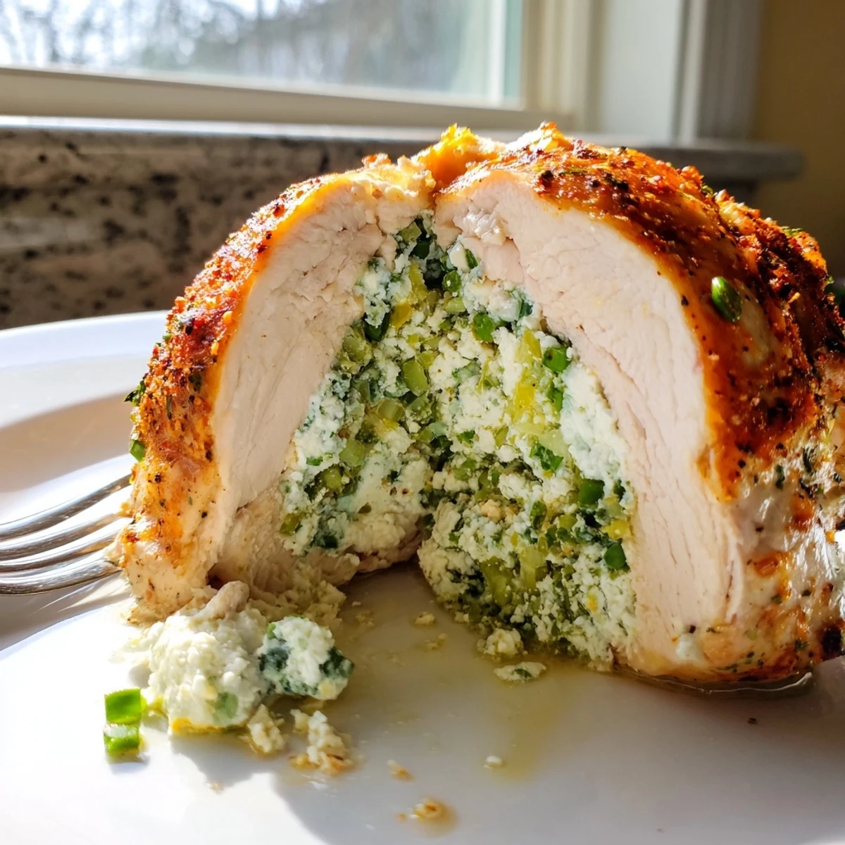 Juicy goat cheese chicken sliced open to reveal a tangy lemon herb filling