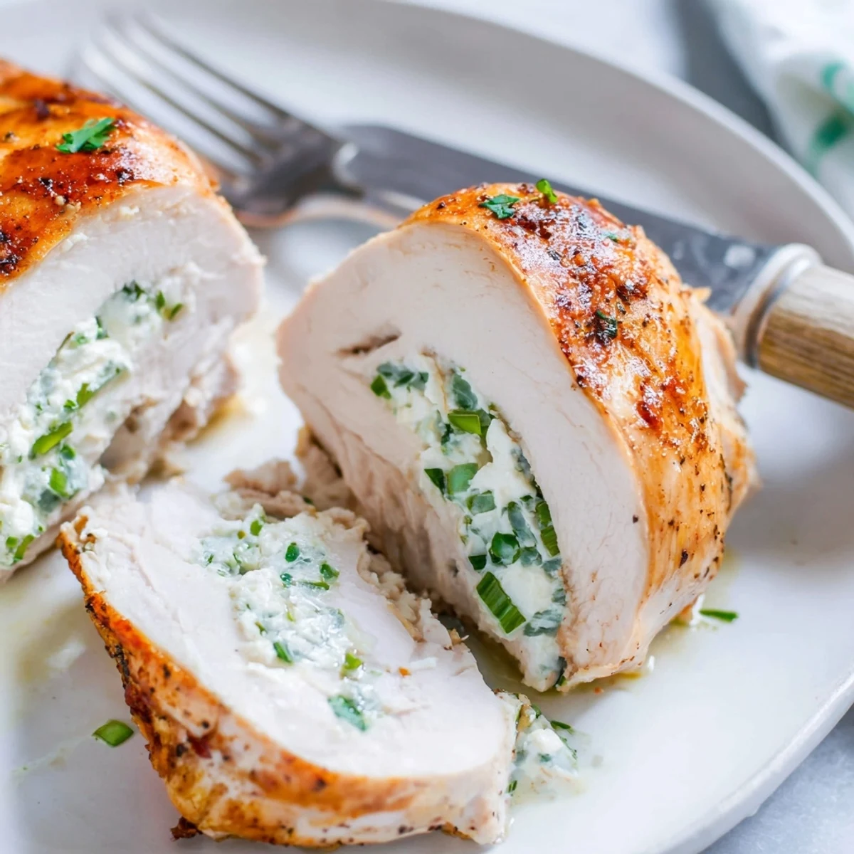 Golden goat cheese chicken breasts oozing with creamy herb filling fresh from the oven