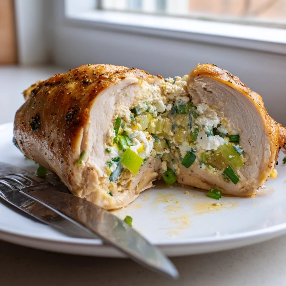 Crispy baked goat cheese chicken resting on a white plate with fresh salad