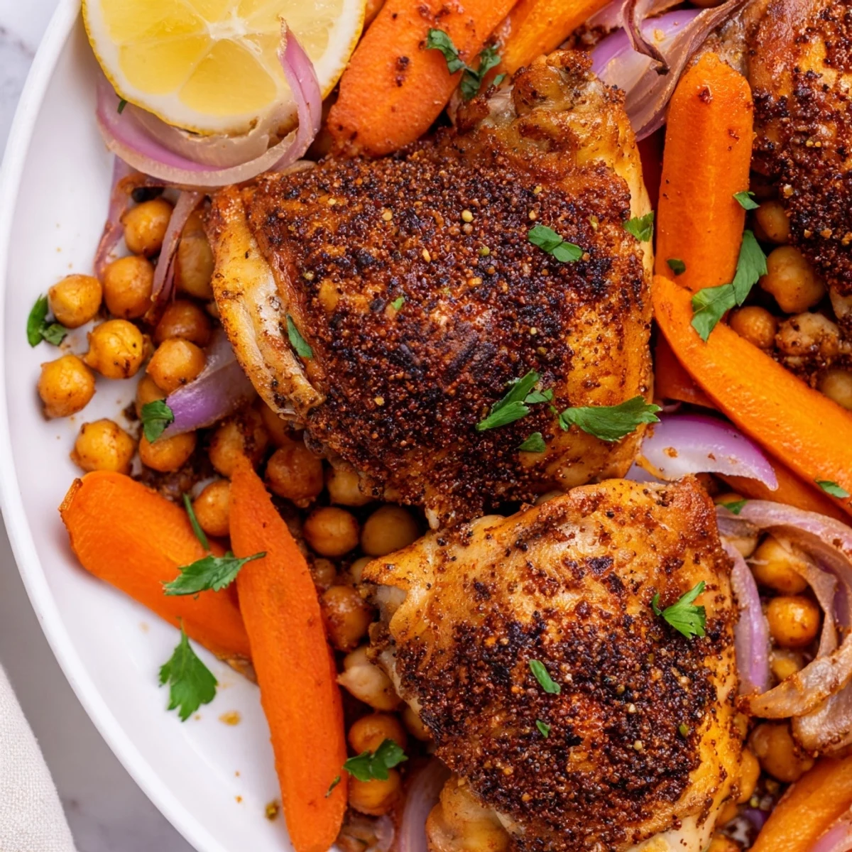 Golden sumac chicken with carrots and chickpeas roasted on a sheet pan