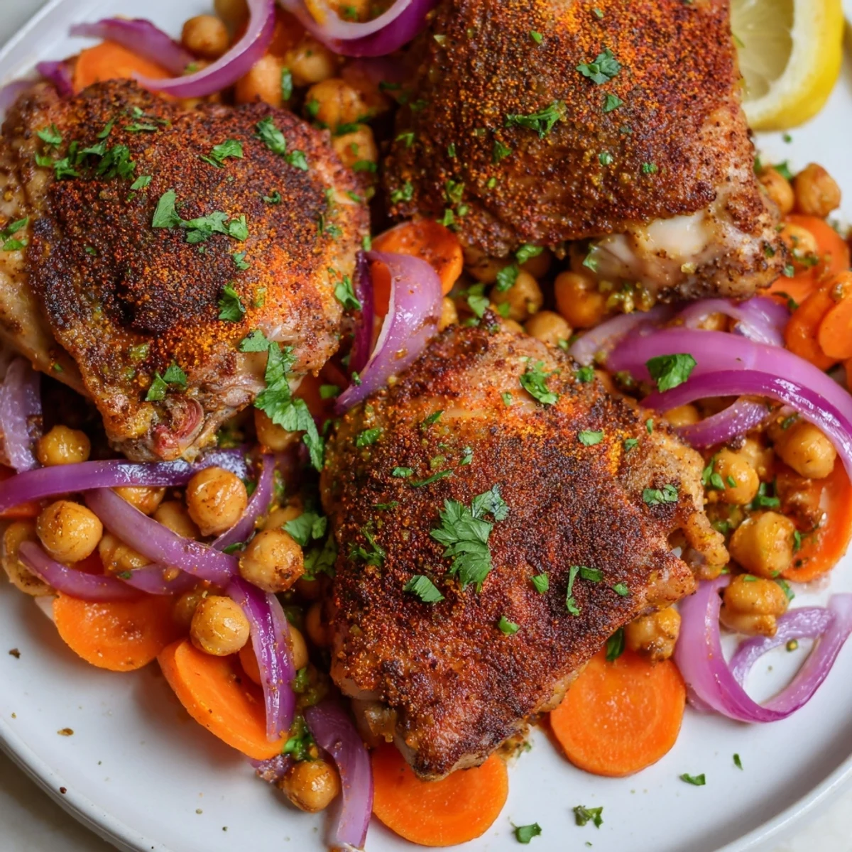 Juicy sumac chicken thighs nestled beside caramelized carrots and spiced chickpeas
