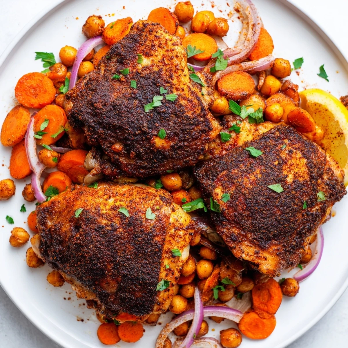 Tangy sumac chicken served over tender roasted carrots and crispy chickpeas
