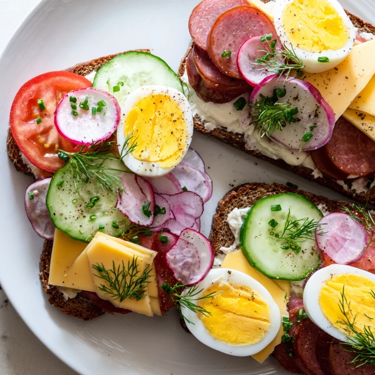 Open faced Polish sandwiches topped with kielbasa, fresh veggies, and fragrant dill