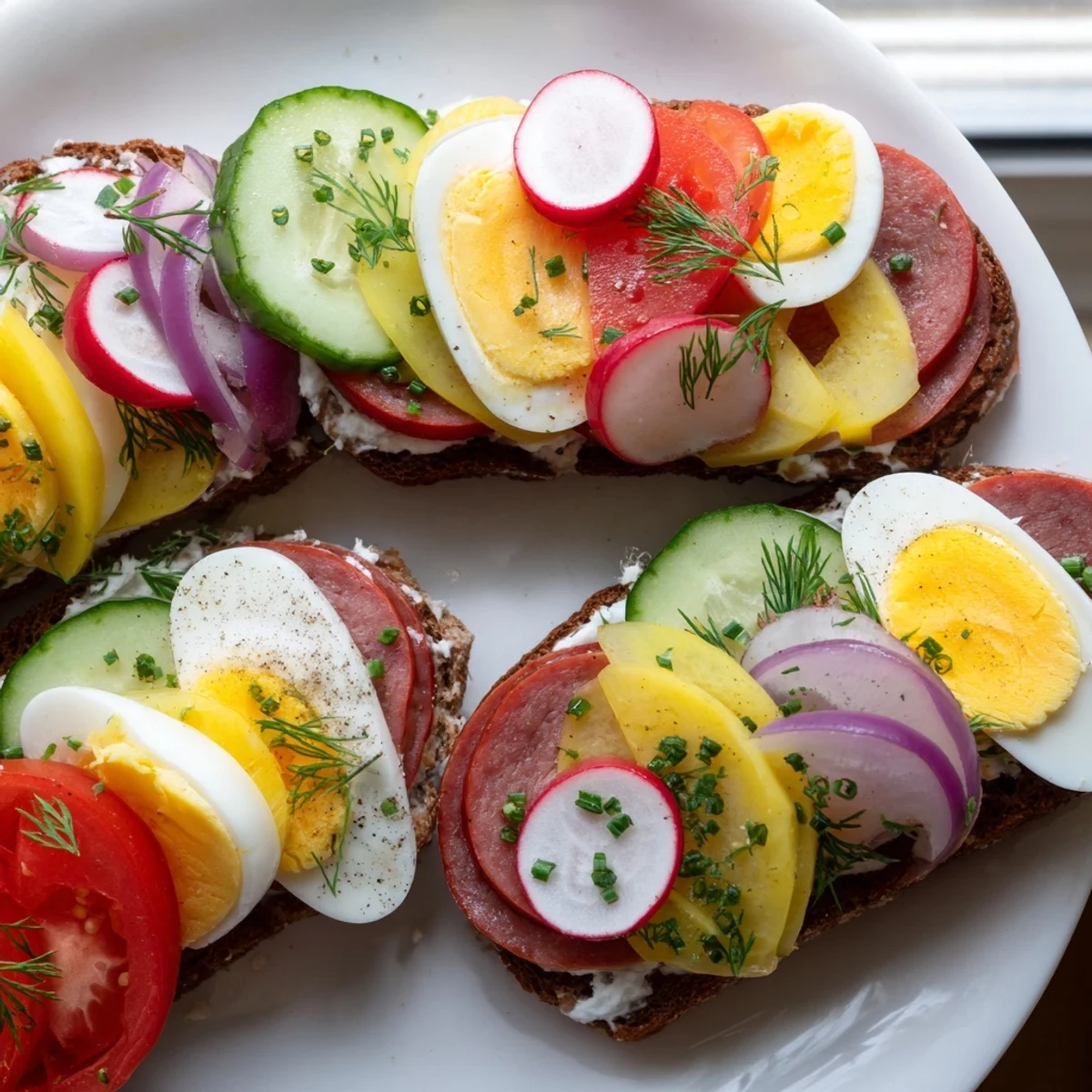 Colorful kanapki arranged on rye bread with sliced egg, tomato, and chives