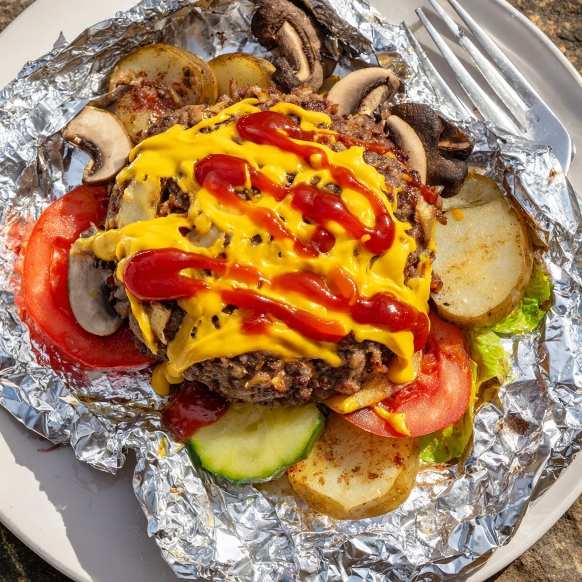 Golden campfire cheeseburger hobo packets with melted cheddar and colorful roasted vegetables