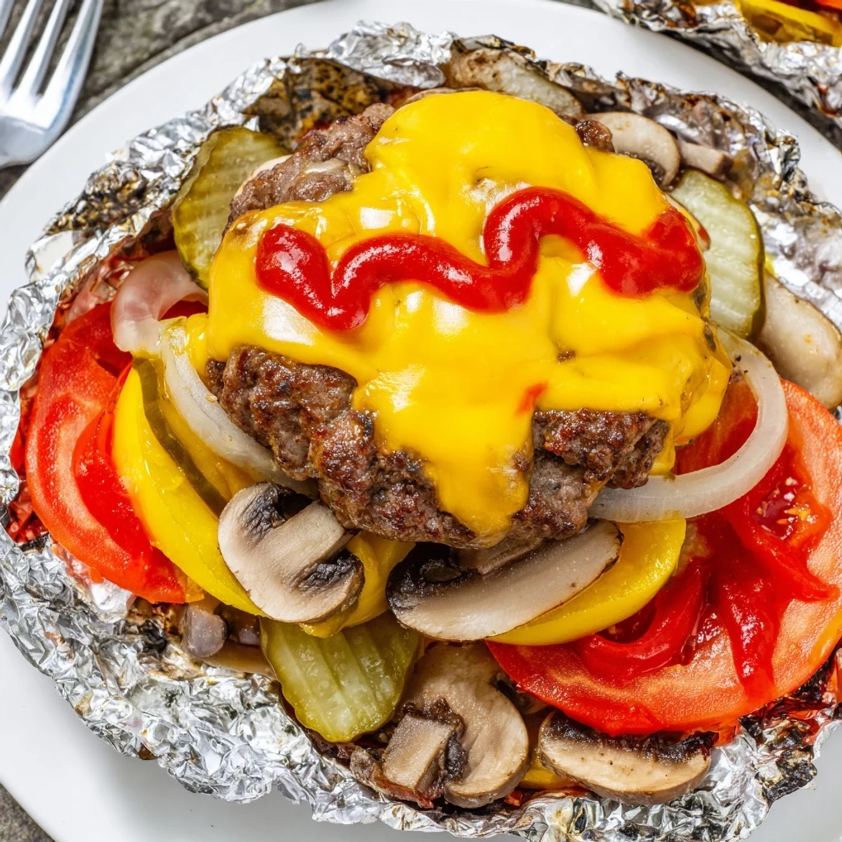 Steaming foil packet of campfire cheeseburger hobo packets loaded with tender potatoes and peppers