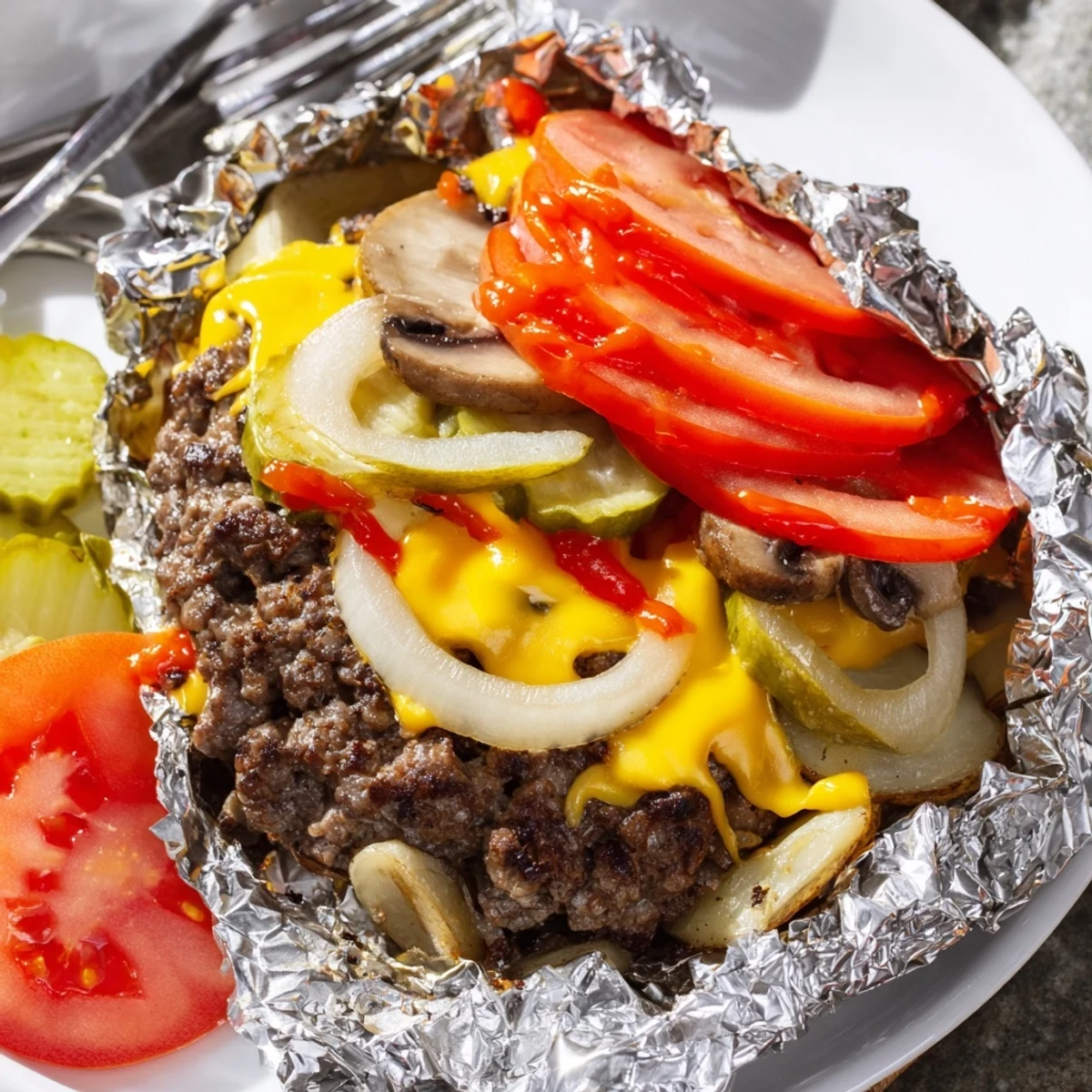 Campfire cheeseburger hobo packets opened to reveal juicy beef and gooey melted cheese