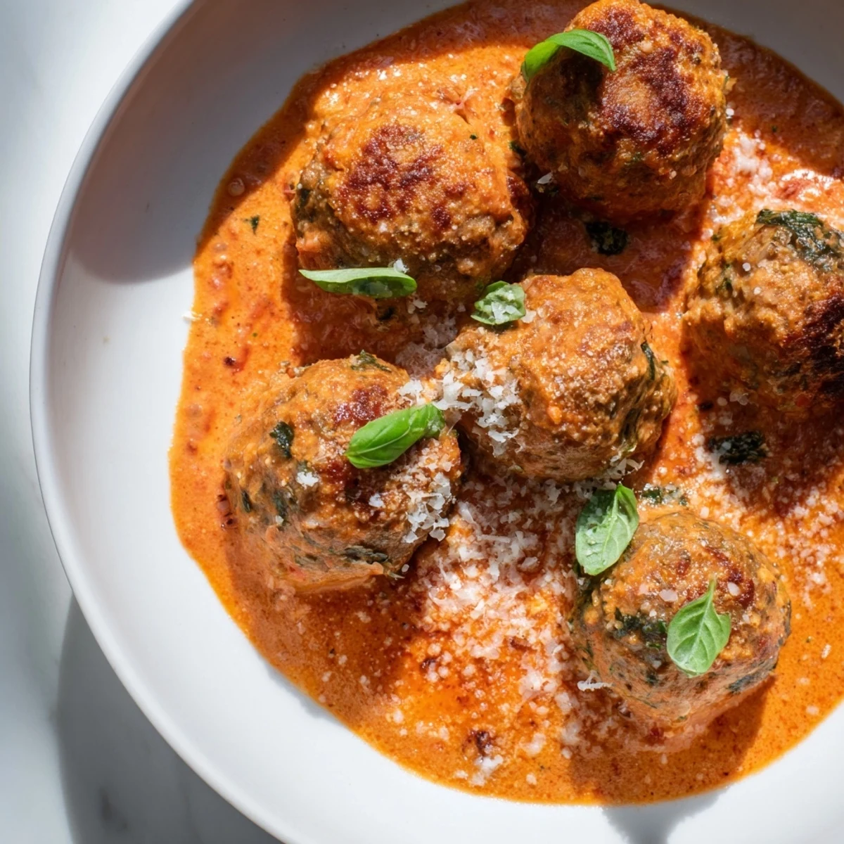 Juicy creamy tomato basil meatballs swimming in a velvety red sauce