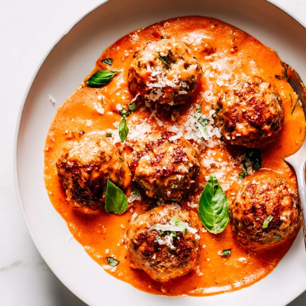 Creamy tomato basil meatballs served over pasta with fresh basil garnish