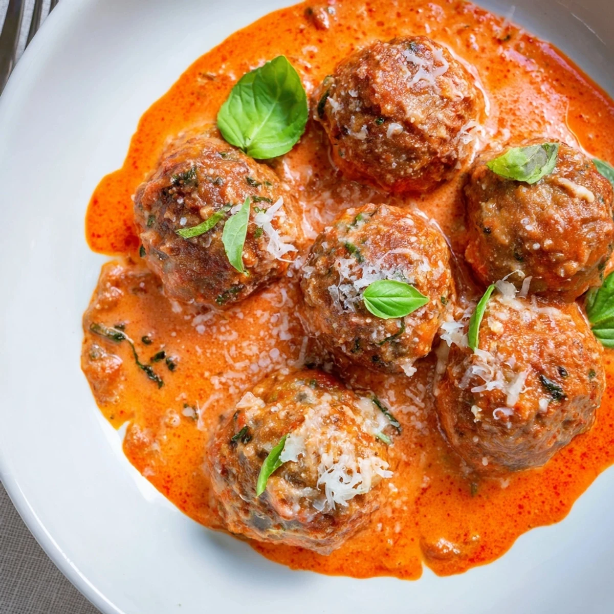 Golden brown creamy tomato basil meatballs nestled in rich Parmesan sauce