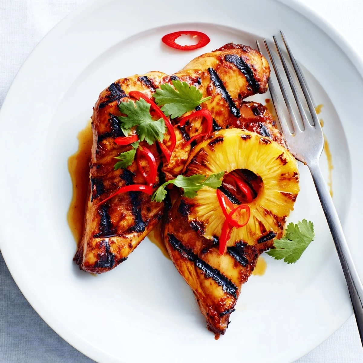 Juicy Chili Pineapple Grilled Chicken sizzling on a backyard grill with charred edges