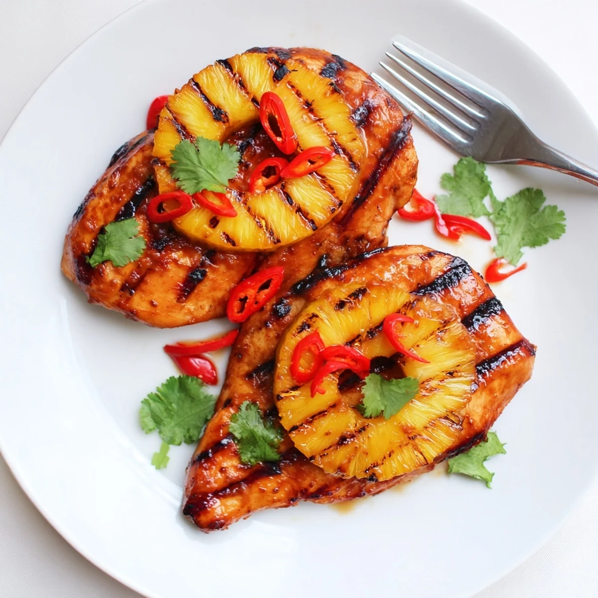 Golden Chili Pineapple Grilled Chicken topped with caramelized pineapple rings and fresh cilantro