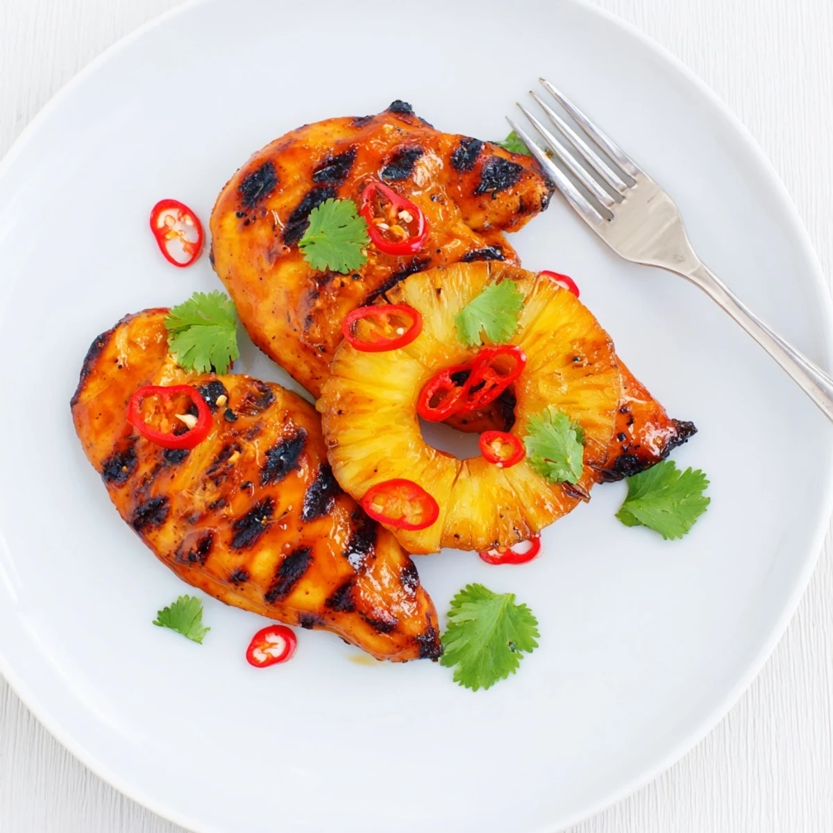 Spicy sweet Chili Pineapple Grilled Chicken plated beside coconut rice and grilled vegetables