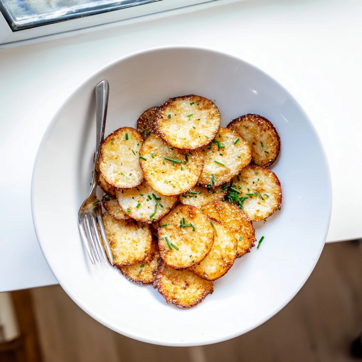 Crunchy baked cottage cheese chips sprinkled with parmesan beside a dipping bowl