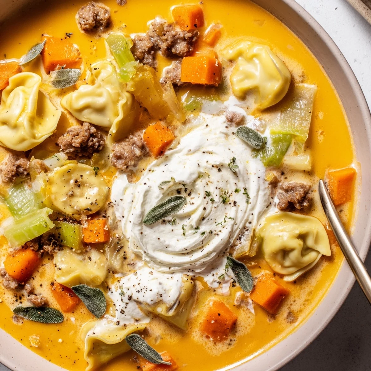 Creamy butternut squash sausage tortellini soup served in a rustic bowl with melted cheese swirl