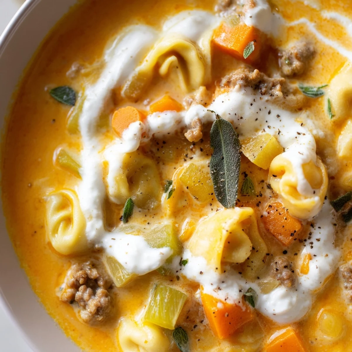 Golden butternut squash sausage tortellini soup topped with a velvety sage cheese swirl garnish