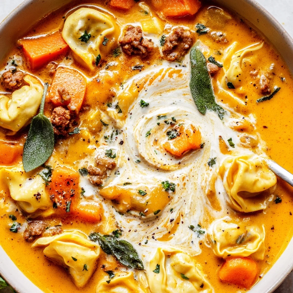 Steaming bowl of butternut squash sausage tortellini soup with pillowy pasta and fresh sage leaves