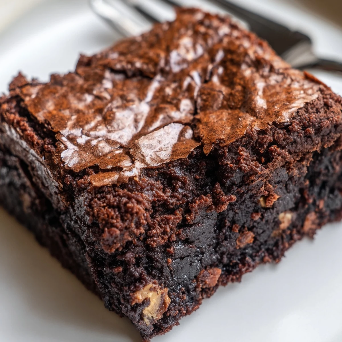 Fudgy ultimate brownies with a shiny crackly top cut into rich squares