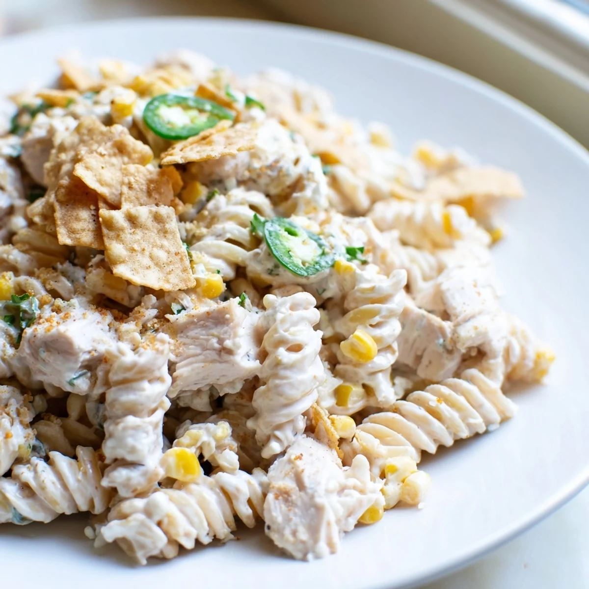 Creamy Elote Mexican Street Corn Chicken Pasta Salad topped with crunchy crushed tortilla chips and fresh cilantro