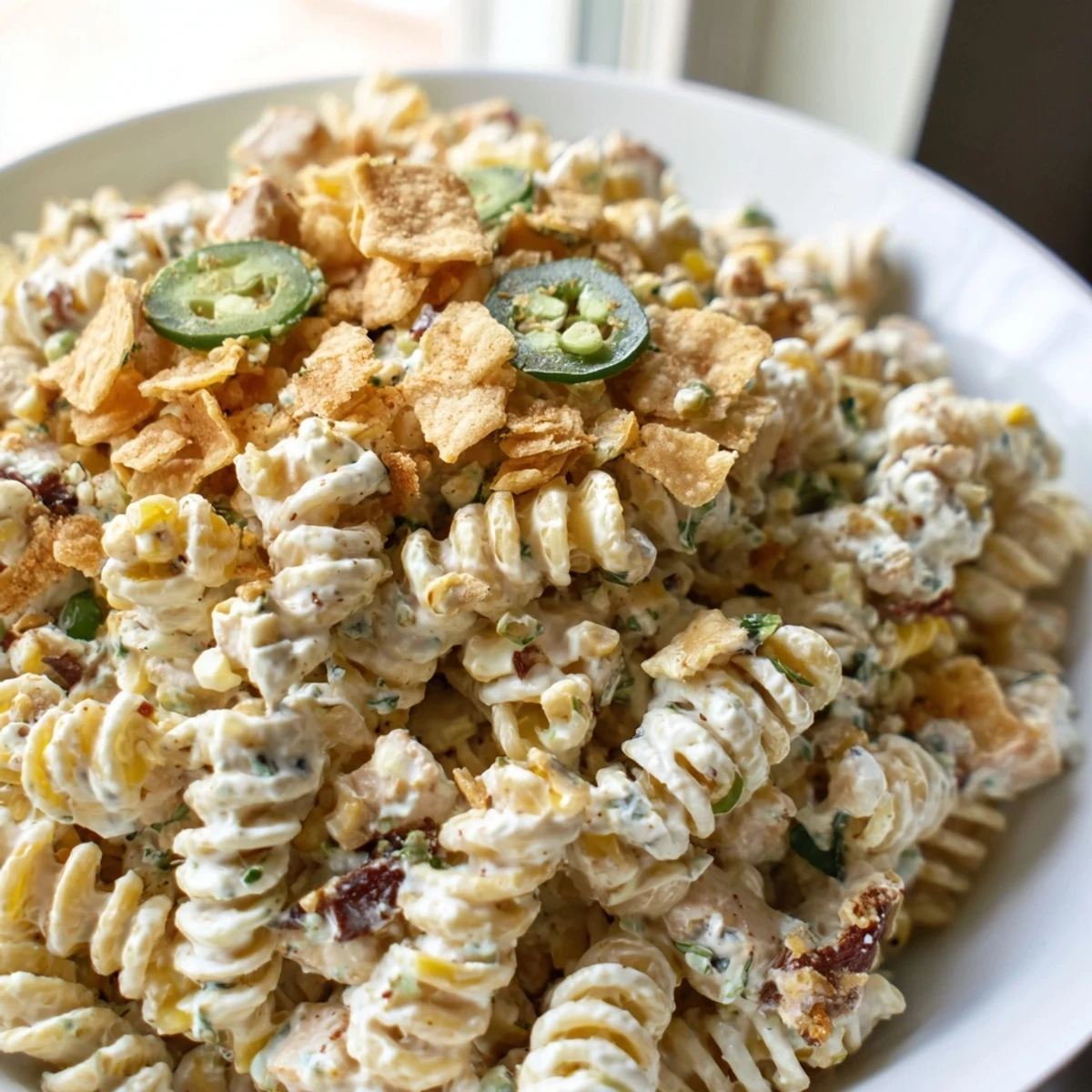 Golden charred corn and tender chicken tossed in zesty Elote Mexican Street Corn Chicken Pasta Salad with cotija cheese