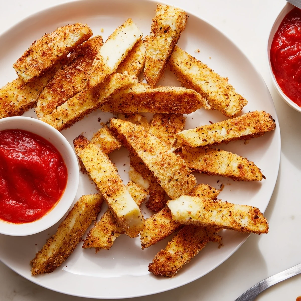 Crispy baked cottage cheese fries seasoned with smoked paprika on a white plate