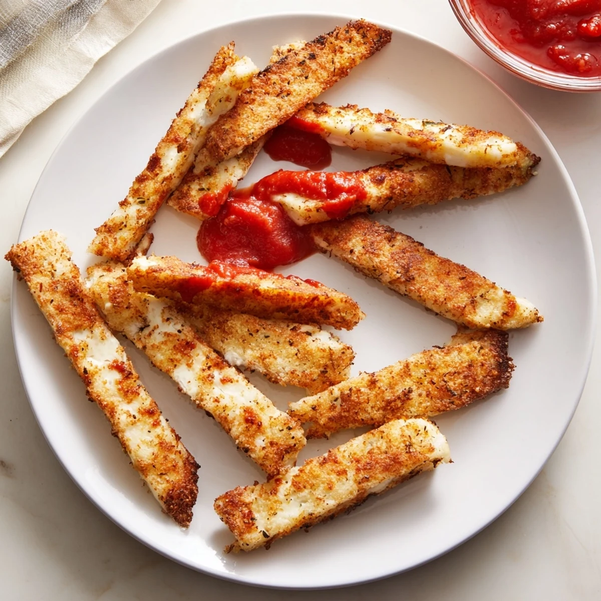 Golden baked cottage cheese fries arranged on parchment with marinara dipping sauce