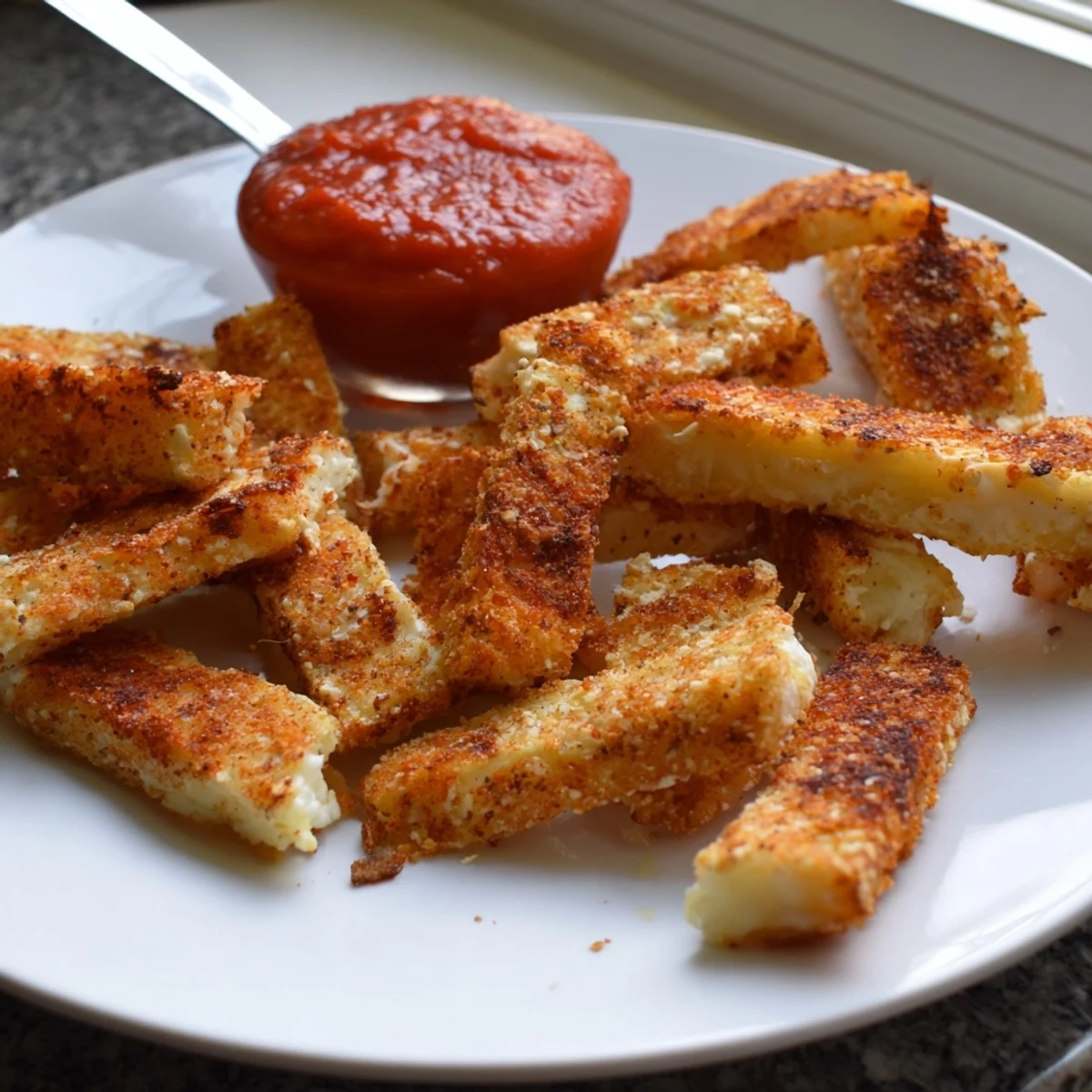 Close-up of baked cottage cheese fries with herbed Greek yogurt dip alongside