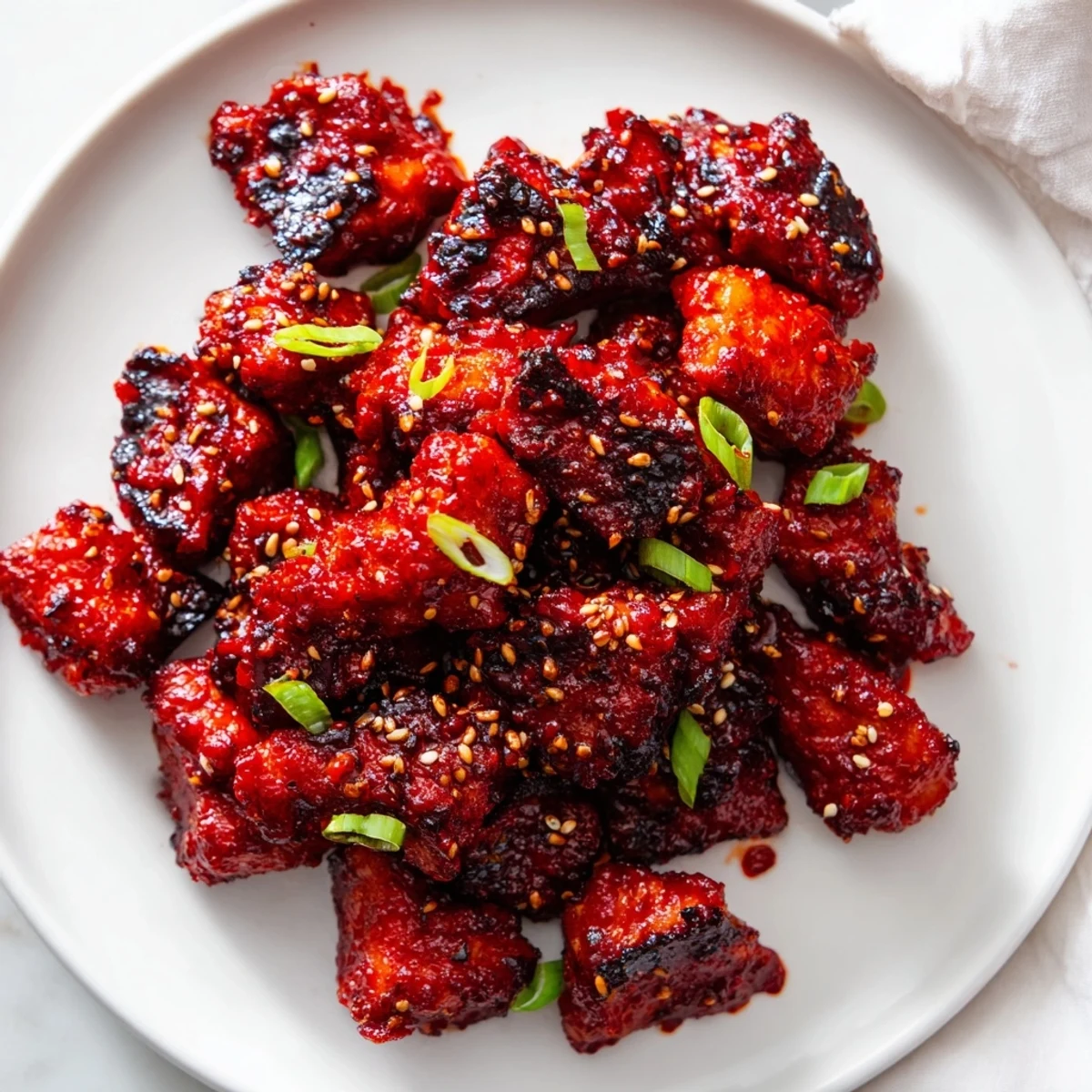 Glossy gochujang chicken with caramelized edges garnished with sesame seeds and green onions