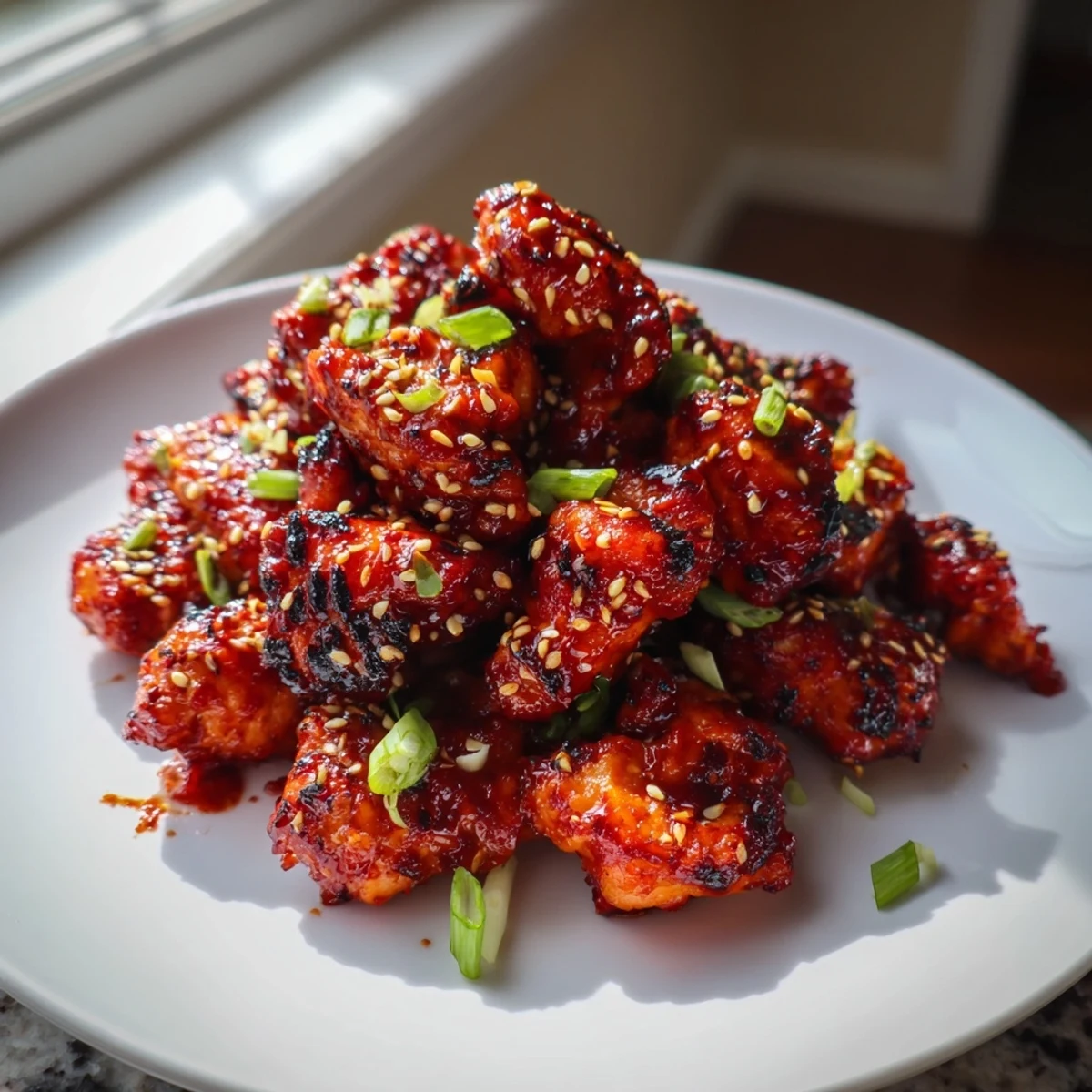 Sizzling gochujang chicken served over steamed white rice in a dark skillet