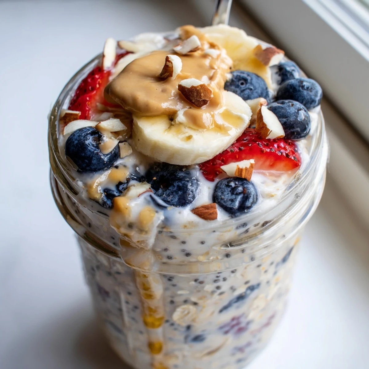 Thick protein overnight oats layered with banana slices and nut butter